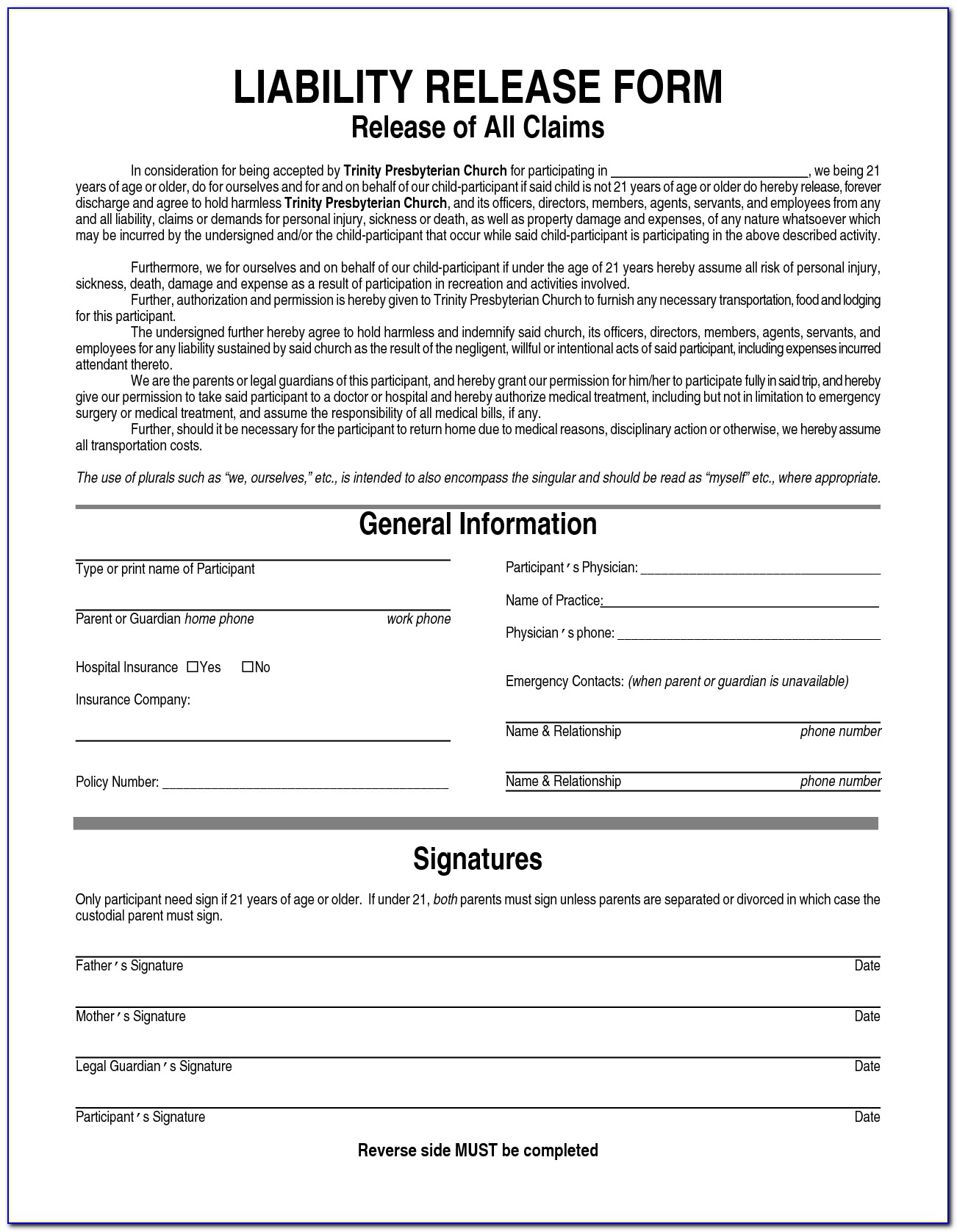 Free Liability Release Forms Printable Online Printable Forms Free Online