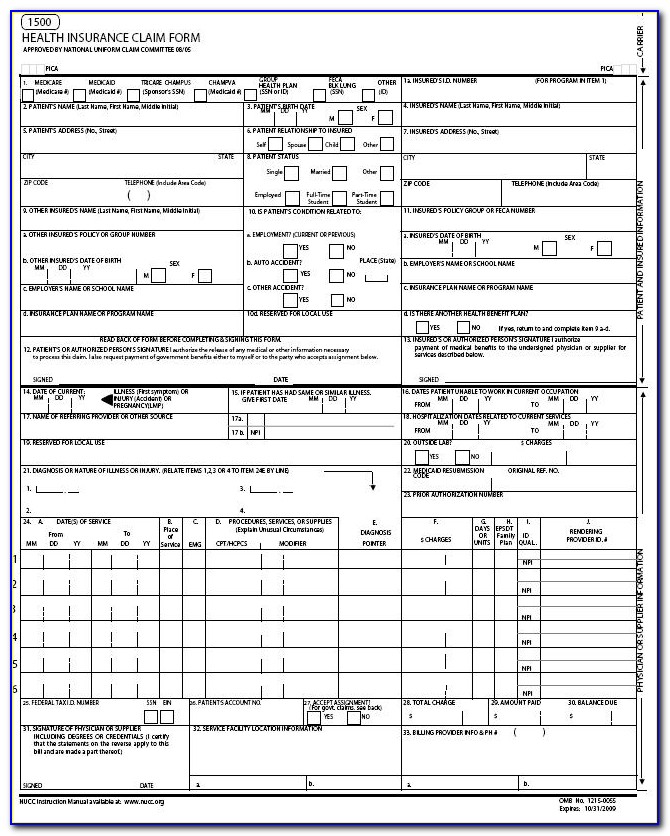 Free Claim Form. Cms 1500 (08/05) Pdf Smartform 1500 Claim Form In Cms 1500 Form Printable