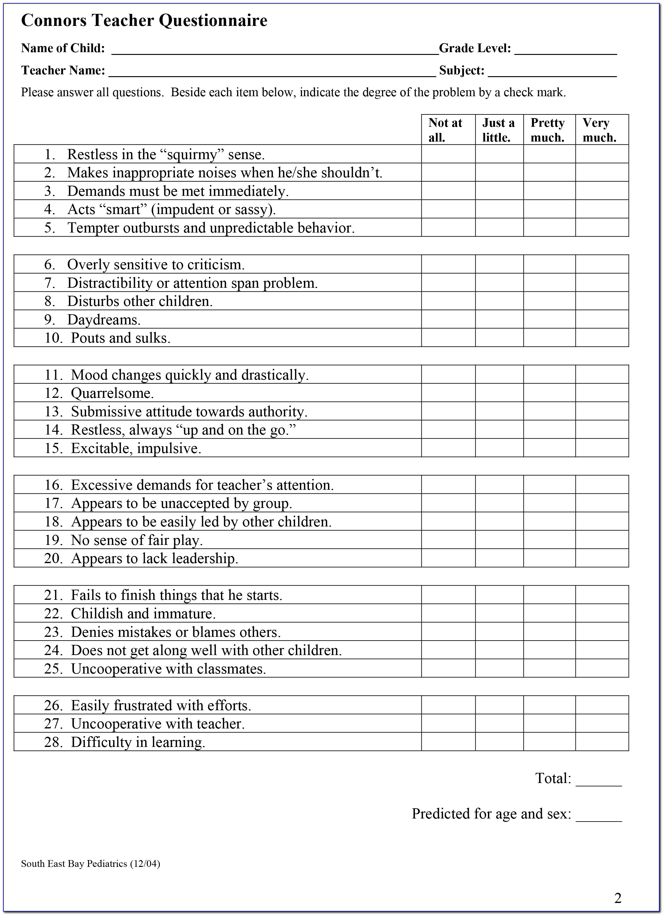 Adhd Assessment Form Printable