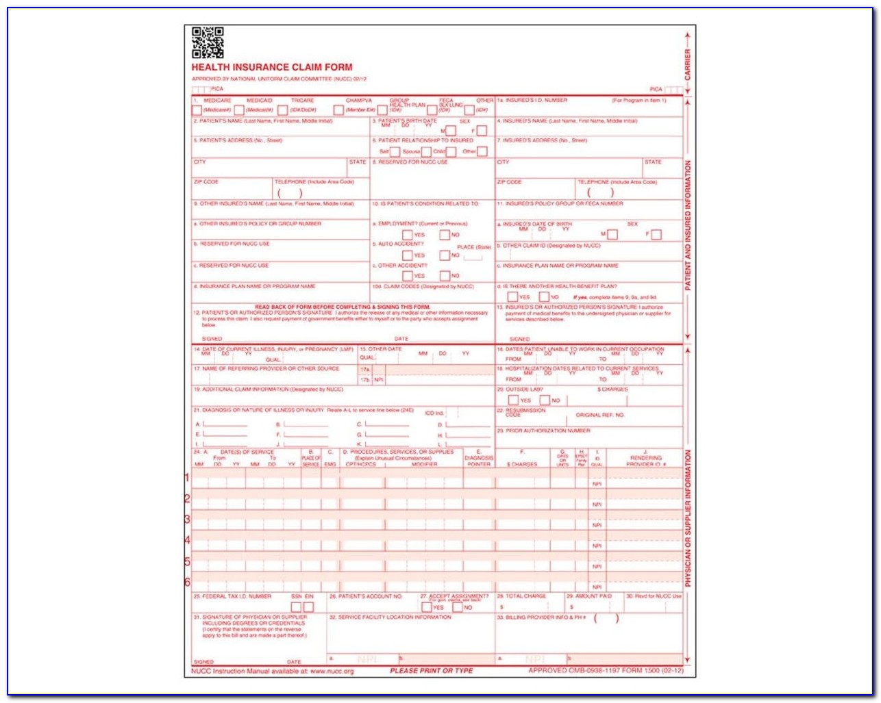 9352 14 Cms 1500 Claim Forms, Hcfa (version 02/12), 1 Part Throughout Cms 1500 Form Printable