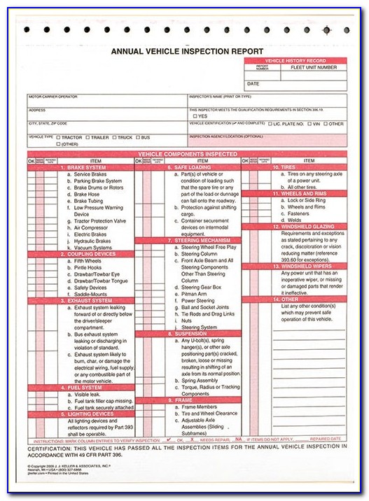 Annual Vehicle Inspection Report Printable Detailed Dvir W