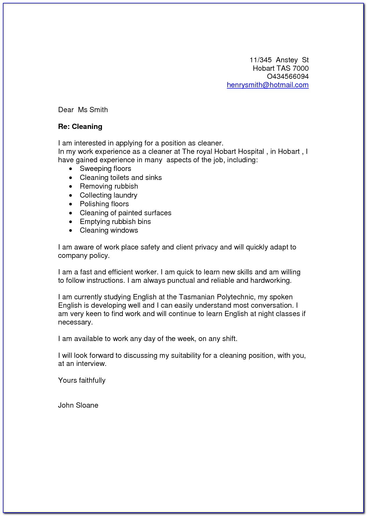 application letter for cleaning services