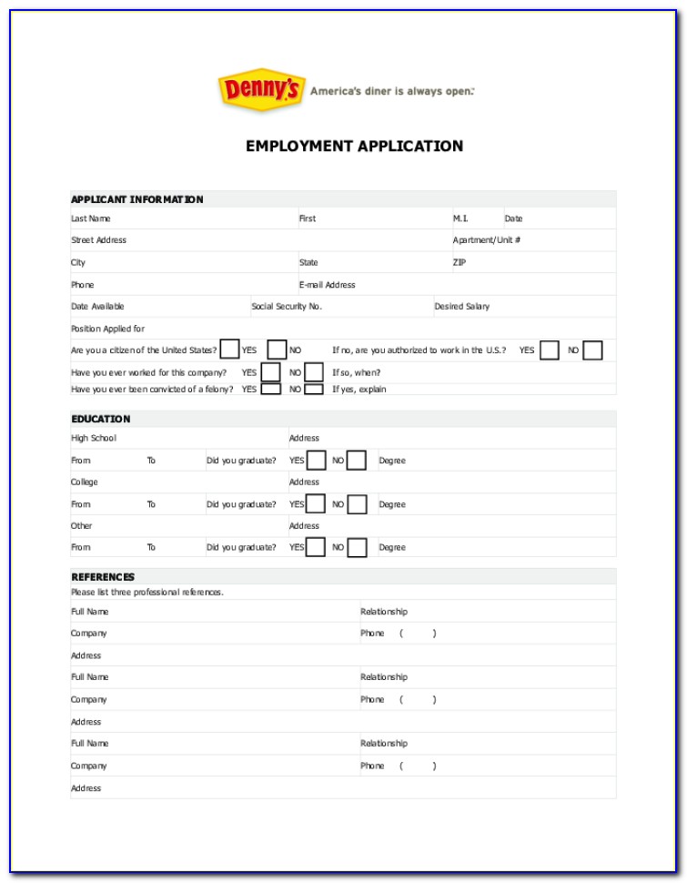 Denny's Job Application Form Online